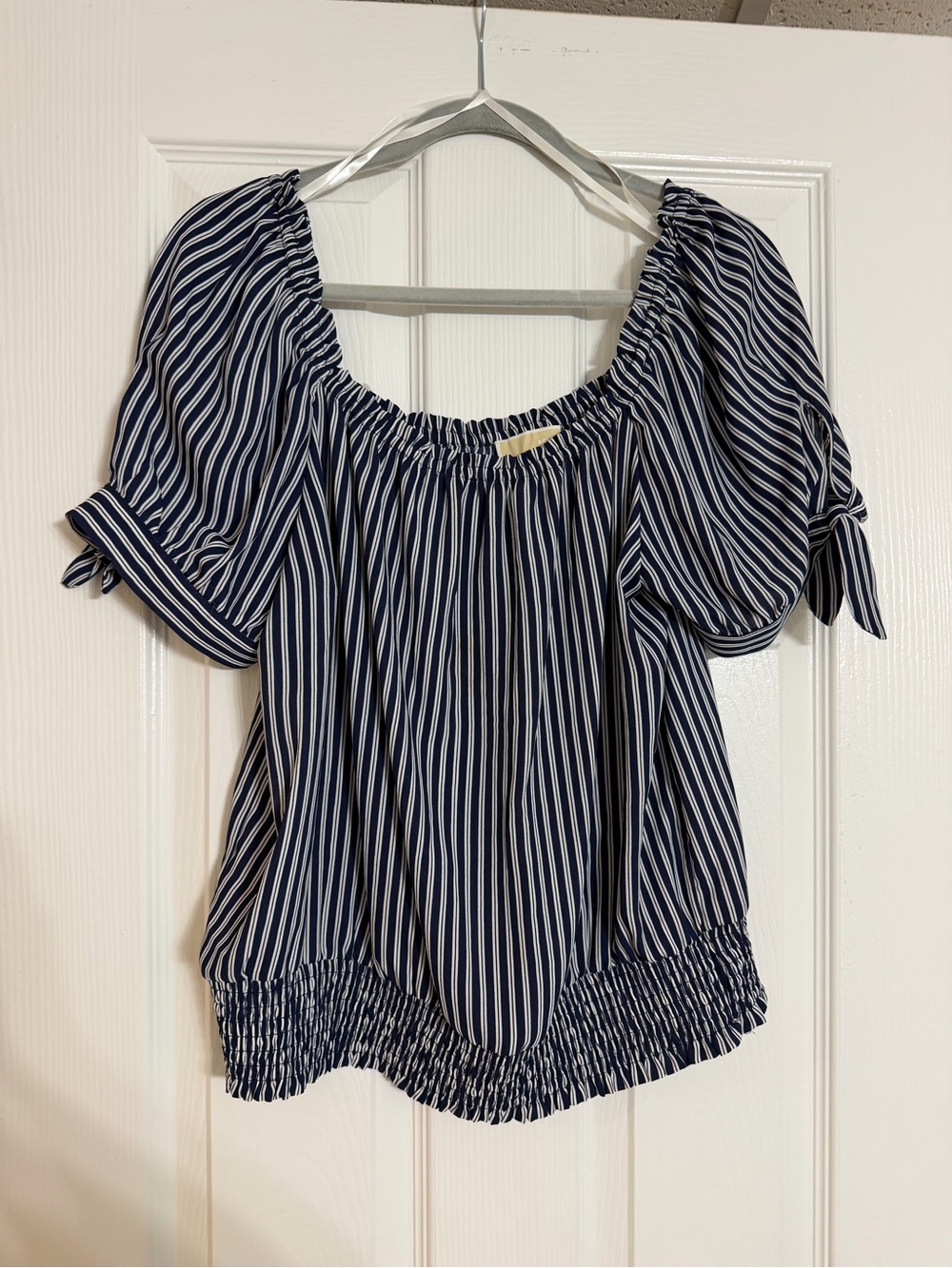 Michael Kors Navy & White Striped Off-Shoulder Peasant Top